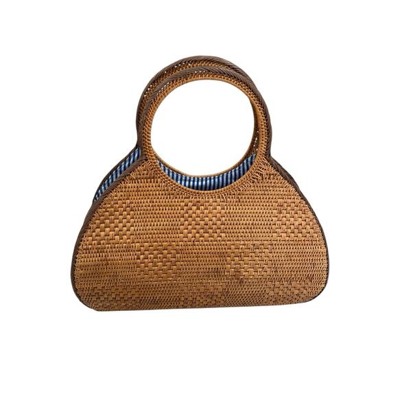 Anthropologie Veld Raffia Handbag Purse Tote Bag Blue White Lining - Picture 4 of 10